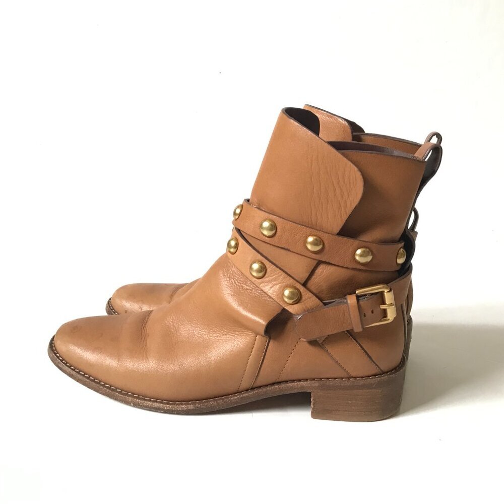 See by Chloe Janis Ankle Wrap Moto Boots Womens 38 8 Camel Tan Leather Studded - Picture 7 of 12